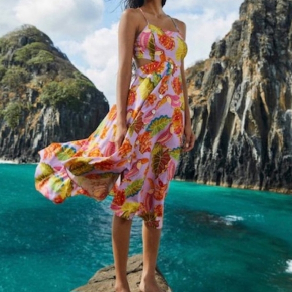 Farm Rio Beaks & Bananas Cut-Out Tassel Midi Dress Size L - Picture 4 of 4